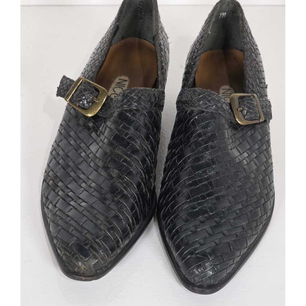 Nicole Womens 7 M Black Woven Leather Buckle Pointed Toe Low Heel Pumps Brazil